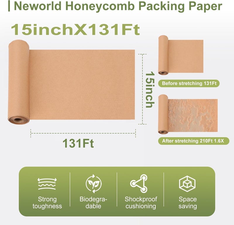 NEWorld Honeycomb Packing Paper,15" x 131' Eco Friendly Bubble Cushioning Wrap for Moving,Products & Gifts Wrapping Paper,Recyclable Cushioning Packing Material With 20 Fragile Sticker Labels - Image 2